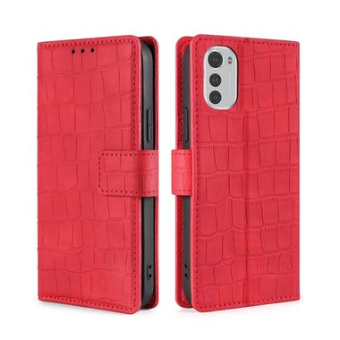 Peňaženkové kožené puzdro Skin Feel Crocodile na Moto E32 - Červená