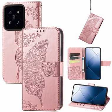 Peňaženkové kožené puzdro Butterfly Love na Xiaomi 14 Pro - Ružovo zlatá