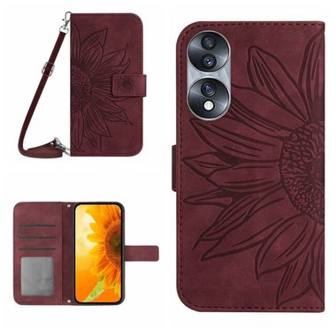 Peňaženkové kožené puzdro Sun Flower na Honor 70 - Vínovo červená