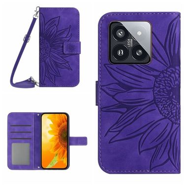 Peňaženkové kožené puzdro Sun Flower na Xiaomi 14 Pro - Tmavo fialová