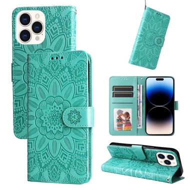 Peňaženkové kožené puzdro SUNFLOWER na iPhone 14 Pro Max - Zelená