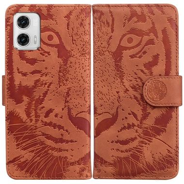 Peňaženkové kožené puzdro Tiger Embossing na Moto G73 5G - Hnedá