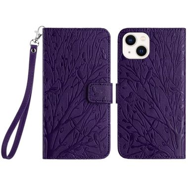 Peňaženkové kožené puzdro Tree Birds na iPhone 15 Plus - Fialová