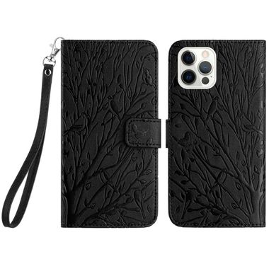Peňaženkové kožené puzdro Tree Birds na iPhone 15 Pro - Čierna