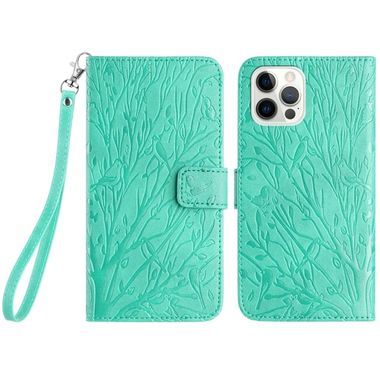 Peňaženkové kožené puzdro Tree Birds na iPhone 15 Pro - Zelená