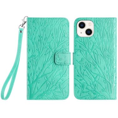 Peňaženkové kožené puzdro Tree Birds na iPhone 15 - Zelená