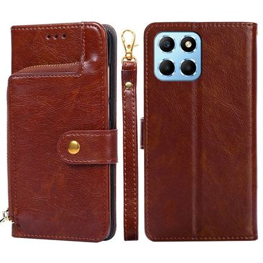 Peňaženkové kožené puzdro Zipper Bag na Honor X8 5G/X6 - Hnedá