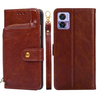 Peňaženkové kožené puzdro Zipper Bag na Motorola Edge 30 Neo - Hnedá