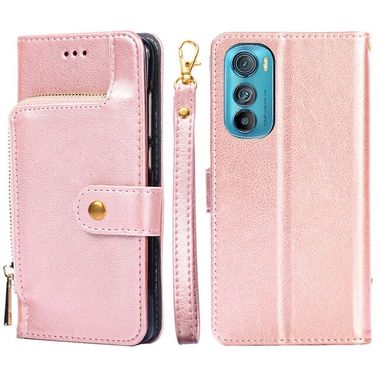 Peňaženkové kožené puzdro Zipper Bag na Motorola Edge 30 - Ružové zlato