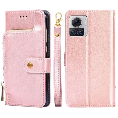 Peňaženkové kožené puzdro Zipper Bag na Motorola Edge 30 Ultra - Ružové zlato