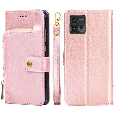 Peňaženkové kožené puzdro Zipper Bag na Motorola Moto G72 - Rose Gold