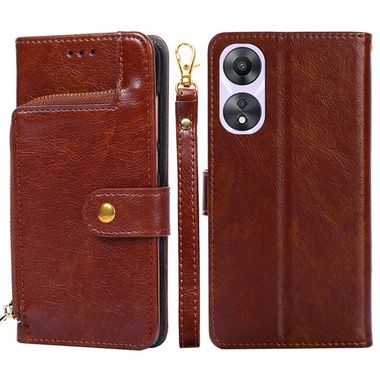 Peňaženkové kožené puzdro Zipper Bag na Oppo A58 5G - Hnedá