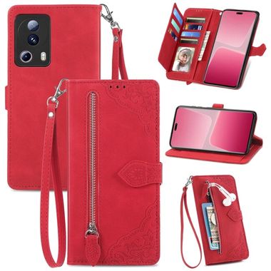 Peňaženkové kožené puzdro ZIPPER Flower na Xiaomi 13 Lite - Červená